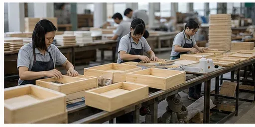 Workers assembling wooden trays and products