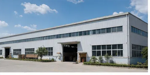 Exterior of a woodworking factory building with loading area