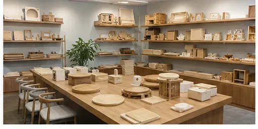 Office and sample room with wooden products and packaging samples