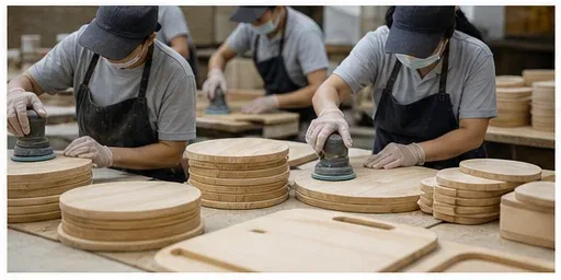 Worker sanding wooden product surfaces