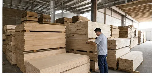 Wood raw material storage with stacked boards