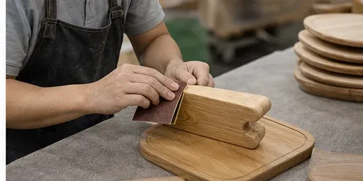 Worker operating on wooden kitchenware close-up