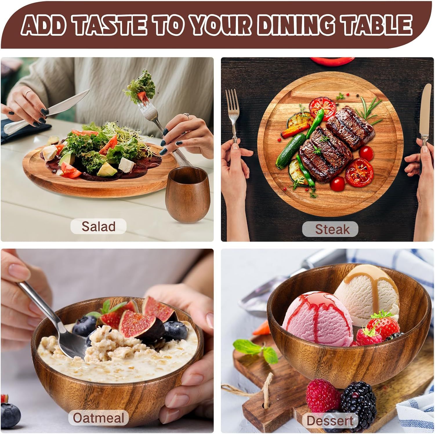 16 Pcs Acacia Wood Dinnerware Set - Round Plates, Bowls and Cups