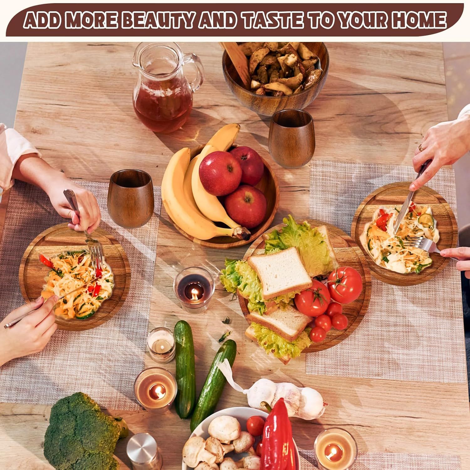 16 Pcs Acacia Wood Dinnerware Set - Round Plates, Bowls and Cups - 2