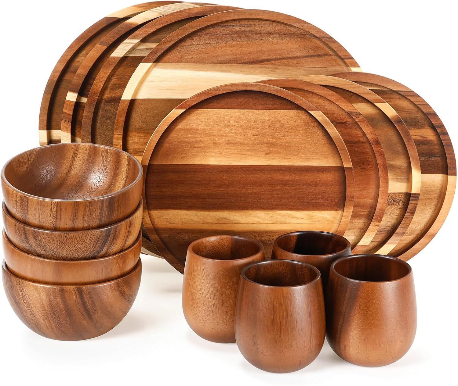 16 Pcs Acacia Wood Dinnerware Set - Round Plates, Bowls and Cups - 3