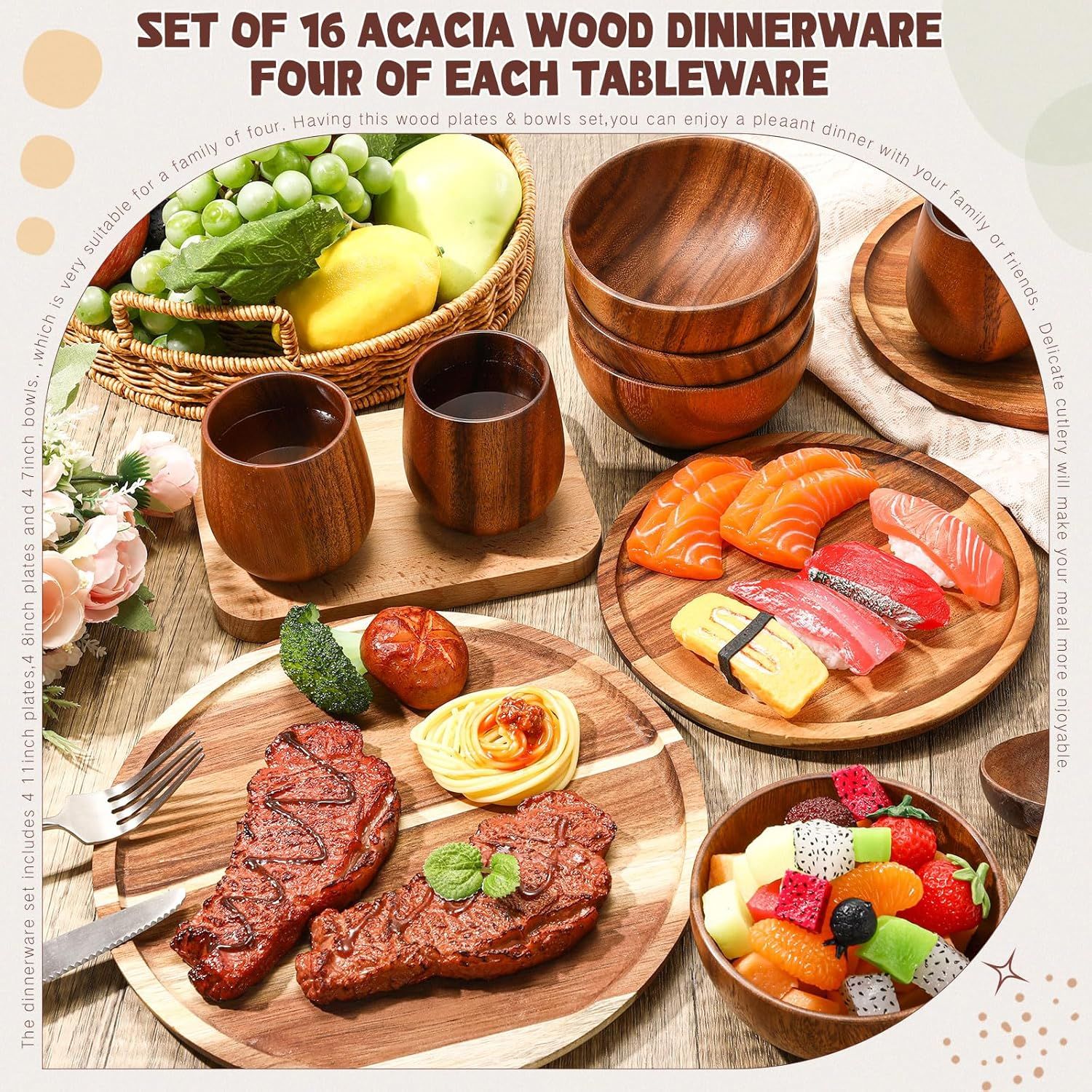 16 Pcs Acacia Wood Dinnerware Set - Round Plates, Bowls and Cups - 5