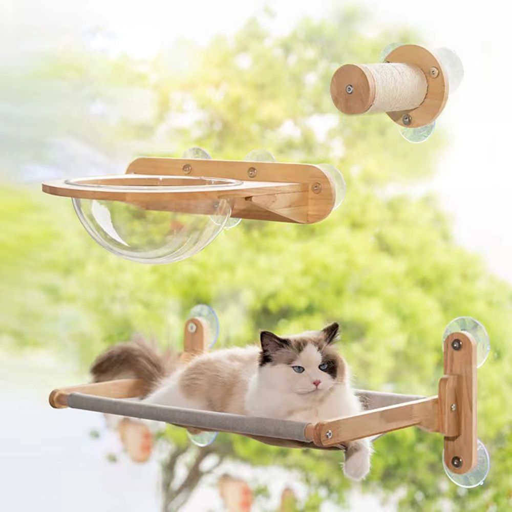 Wooden Cat Tree with Scratching Posts and Ball Storage
