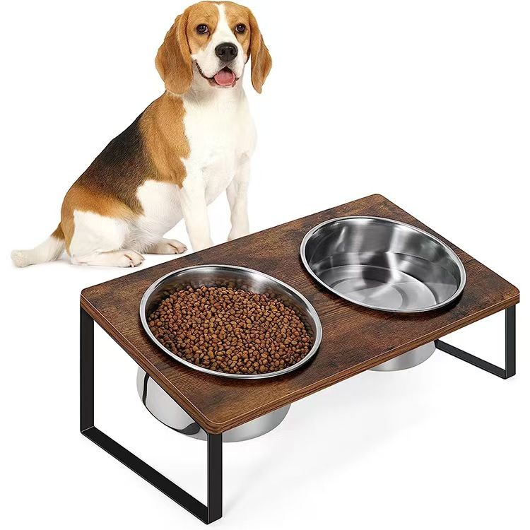 Elevated Wooden Dog Feeder with Stainless Steel Bowls
