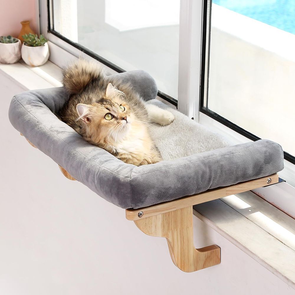 Window-Mounted Cat Bed with Gray Cushion
