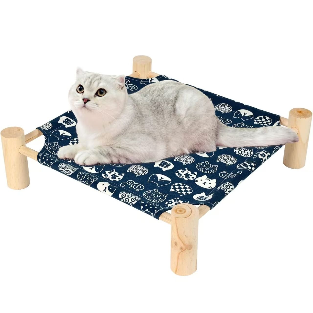 Elevated Cat Bed with Blue Fabric