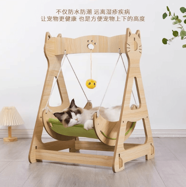 Wooden Cat Swing with Green Cushion