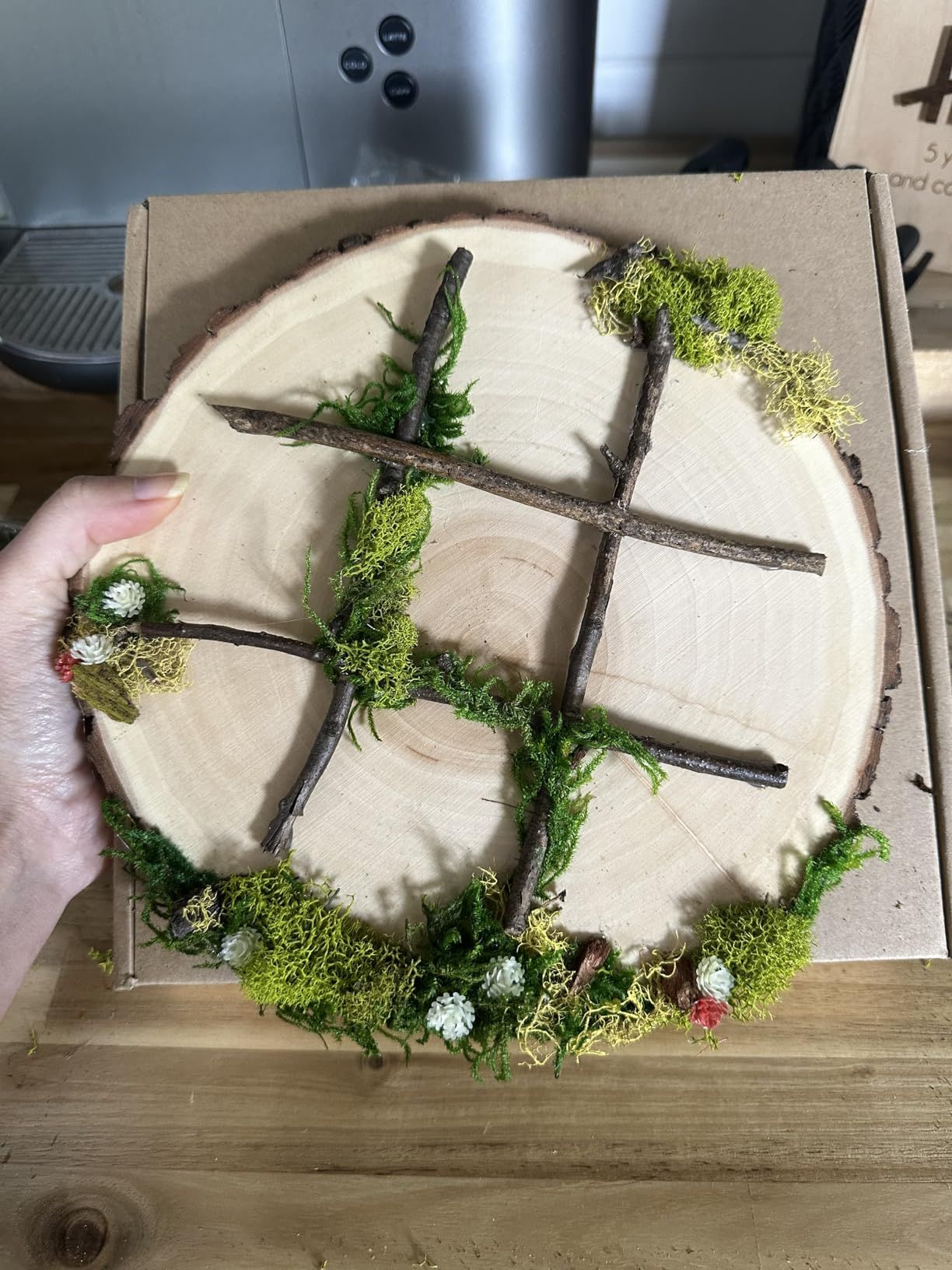 Round Wood Slice with Moss and Flowers