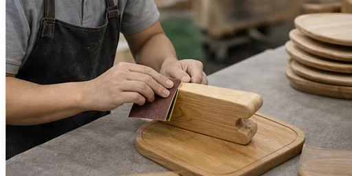 Worker operating on wooden kitchenware close-up