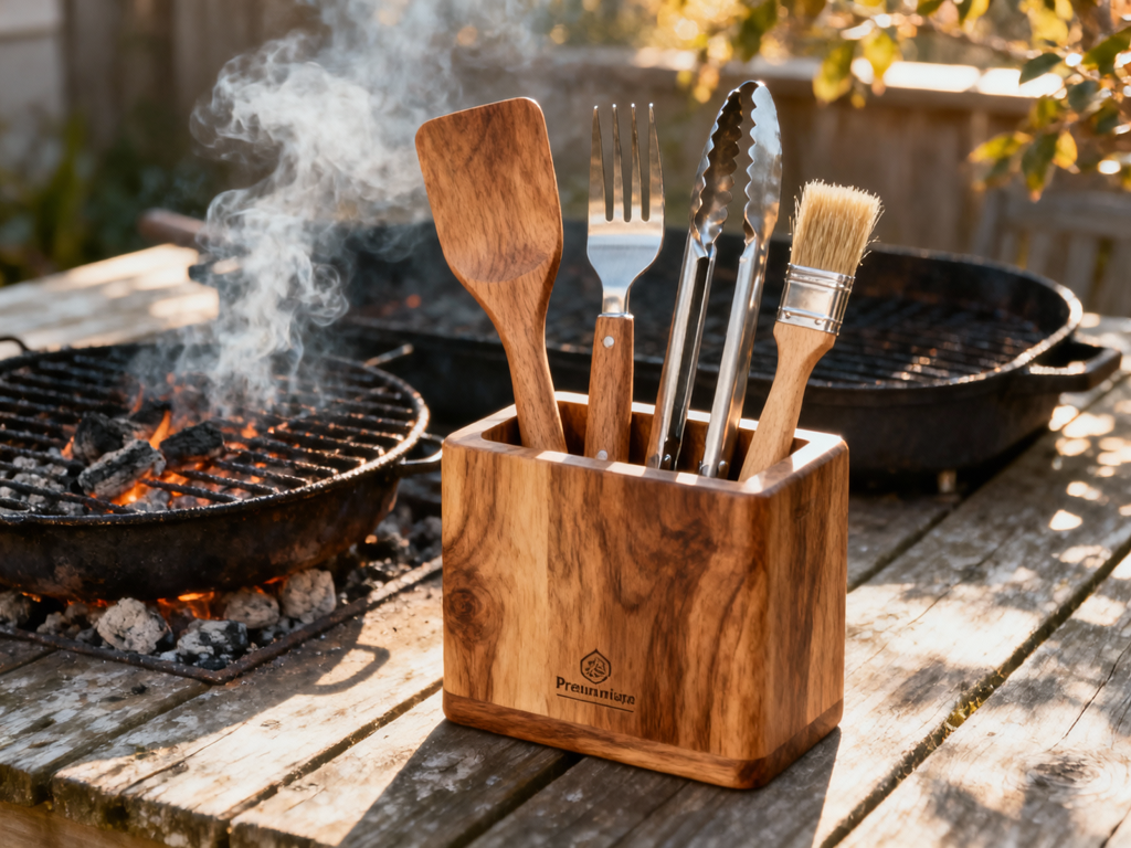 Premium Wooden BBQ Tool Set with Stand