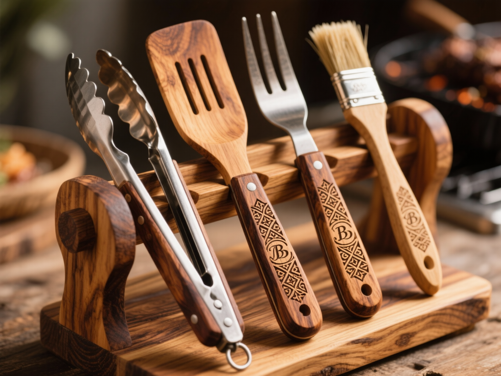 Premium Wooden BBQ Tool Set with Stand - 2