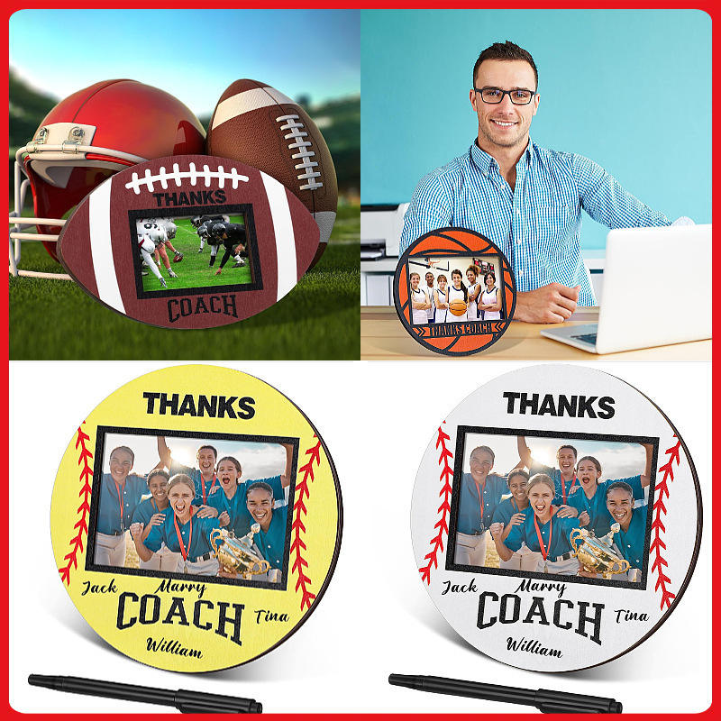 multi sport wooden photo frame for baseball football basketball coach memorial gift with signature area 1