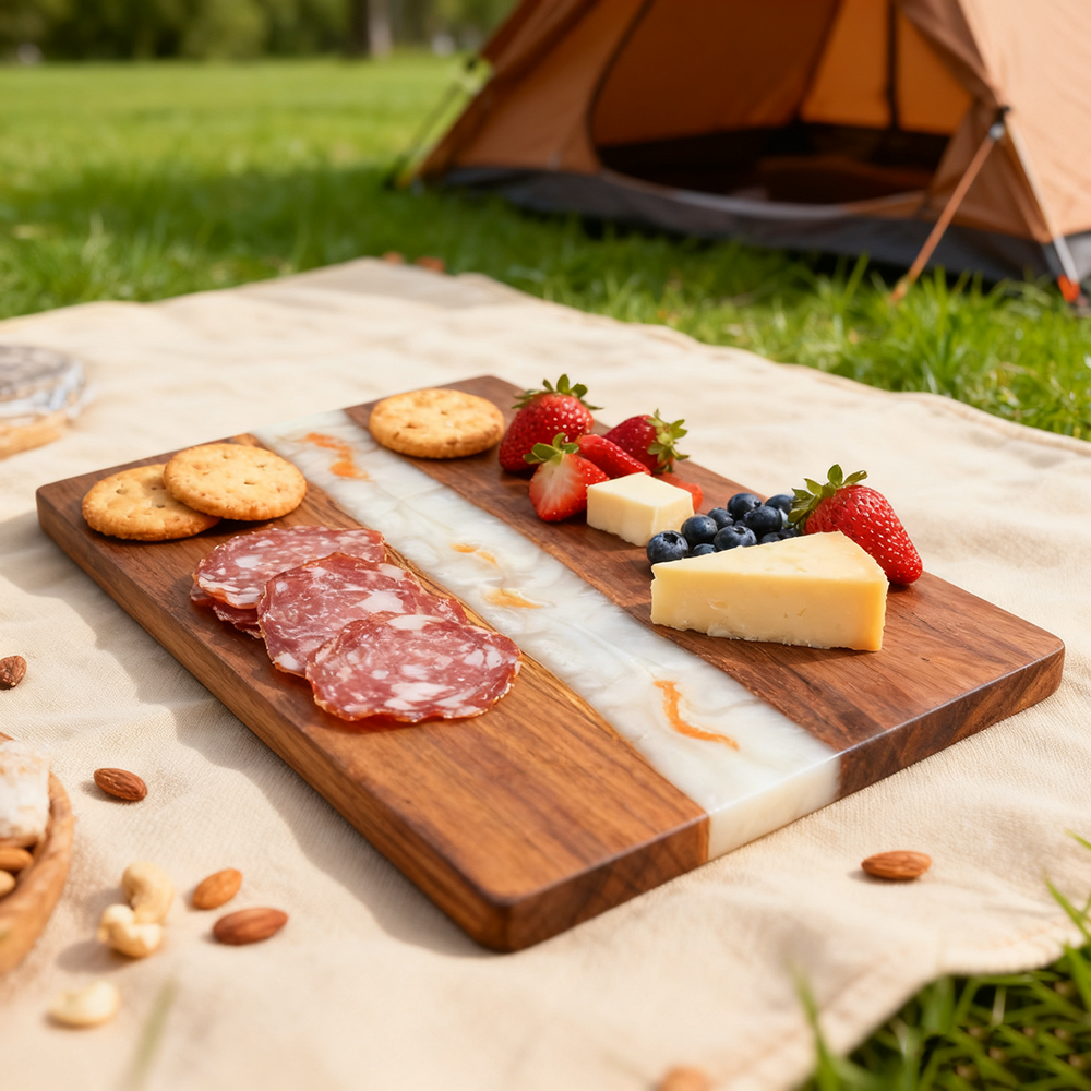 custom acacia wood and epoxy resin charcuterie board for cheese fruit and appetizers 3