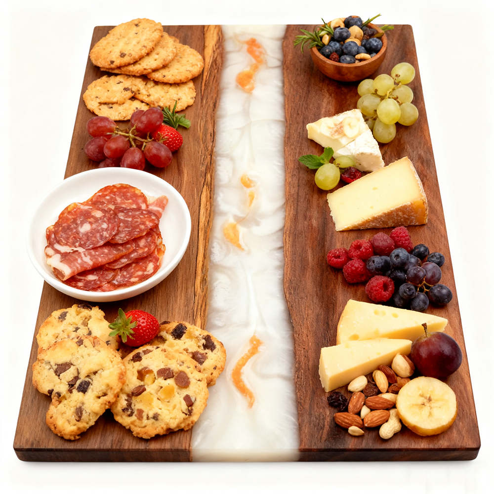 custom acacia wood and epoxy resin charcuterie board for cheese fruit and appetizers 4