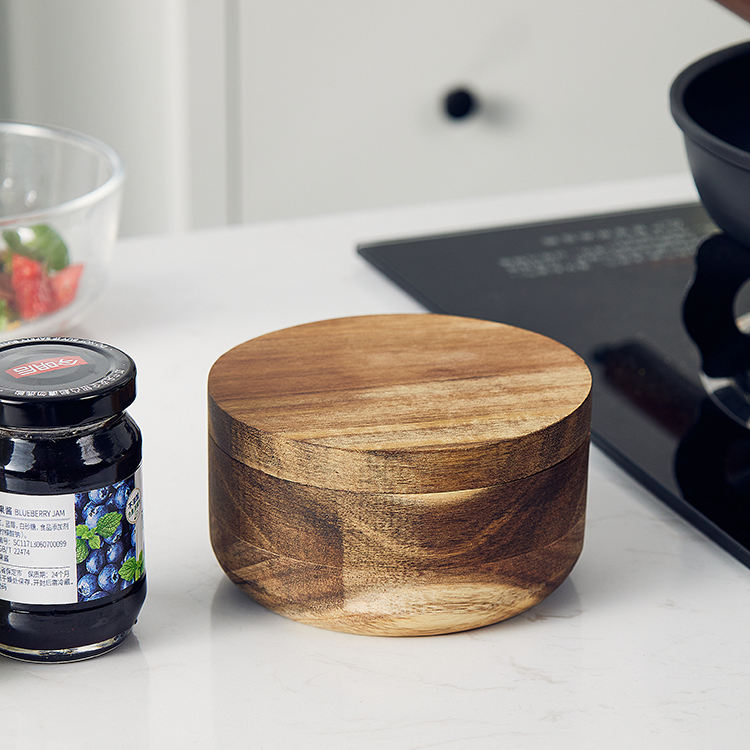 natural acacia wood salt cellar sugar keeper with lid for kitchen countertop storage 4