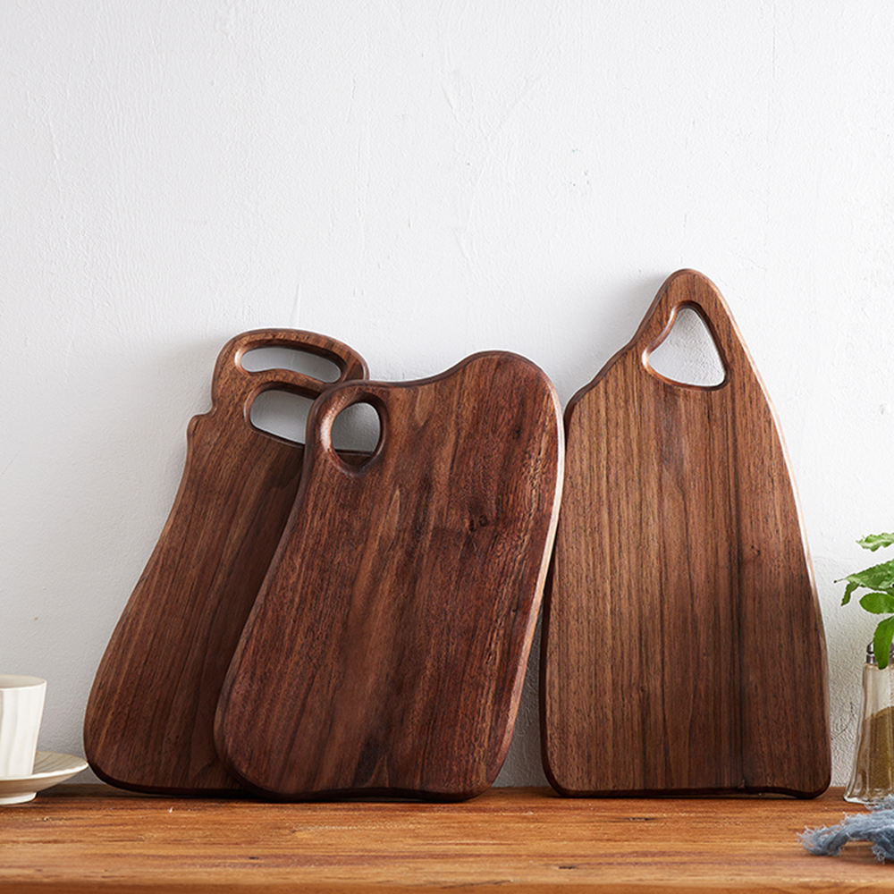 Creative black walnut wood cutting board set with irregular handle shapes for wholesale kitchenware