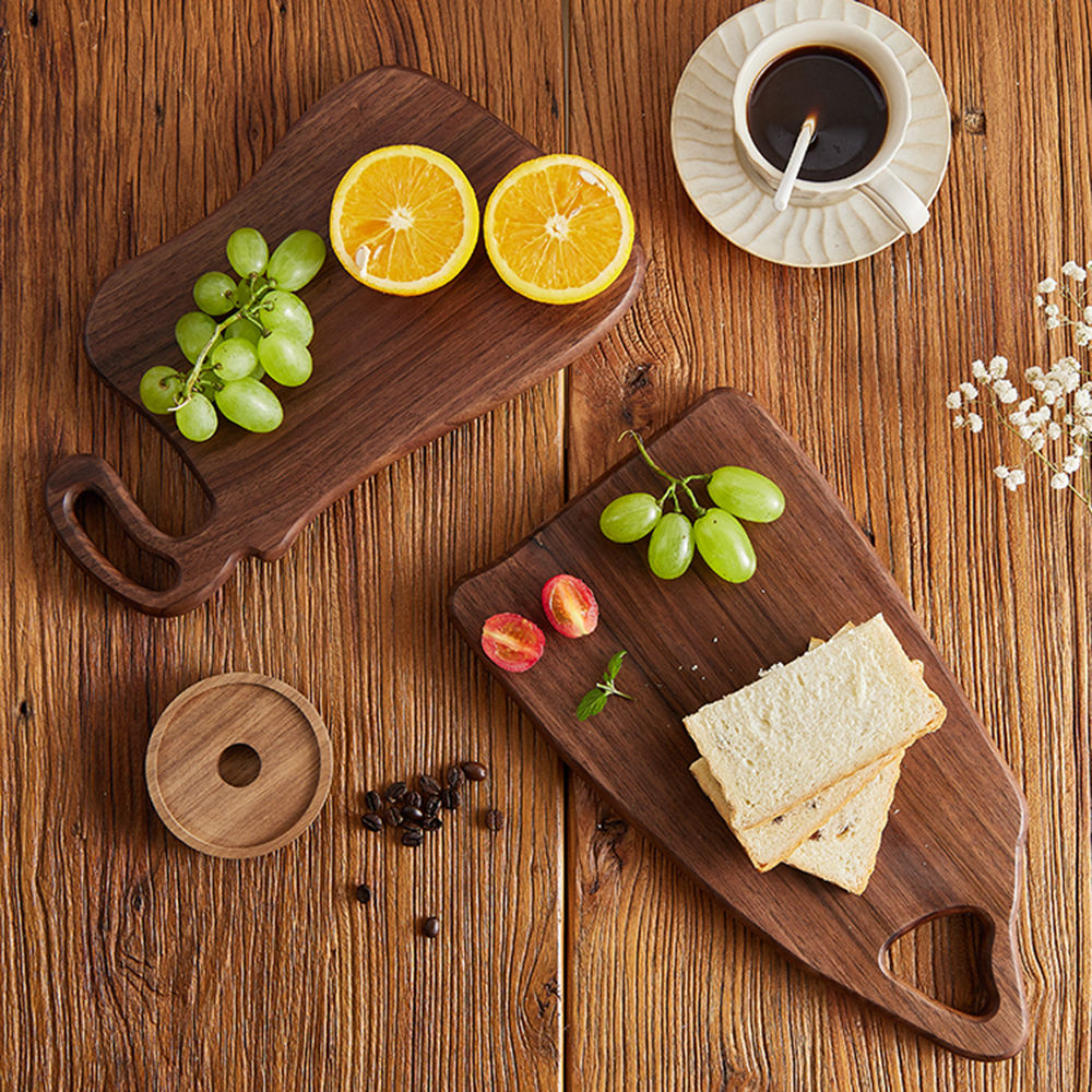 Black walnut serving board used as breakfast tray for fruit bread and coffee