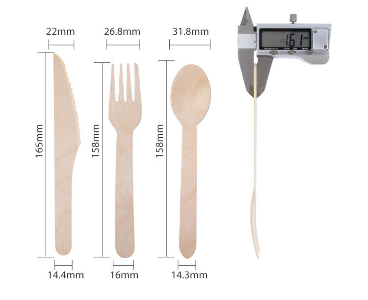Wooden knife 165 mm, fork 158 mm and spoon 158 mm