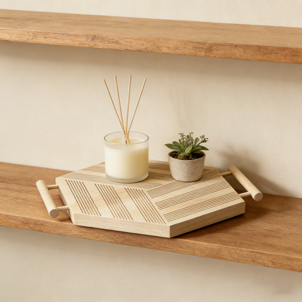 hexagon carved beech wood serving tray for skincare candles bread snacks coffee and drinks 4