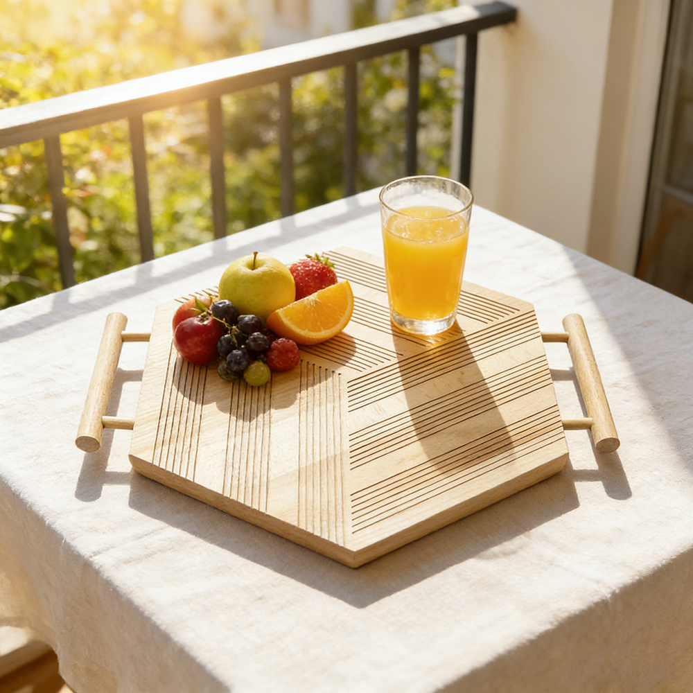 hexagon carved beech wood serving tray for skincare candles bread snacks coffee and drinks 8