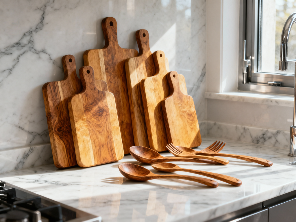 12 Sets Acacia Wood Cutting Board with Wooden Spoons and Forks