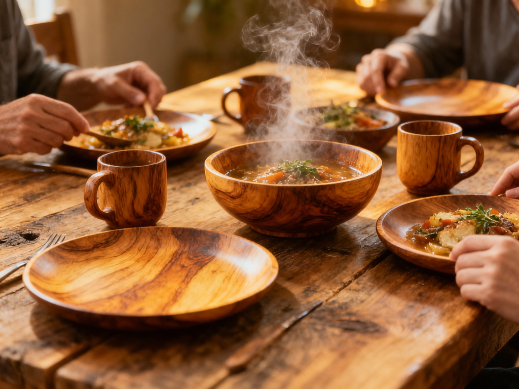 16 Pcs Acacia Wood Dinnerware Set - Round Plates, Bowls and Cups
