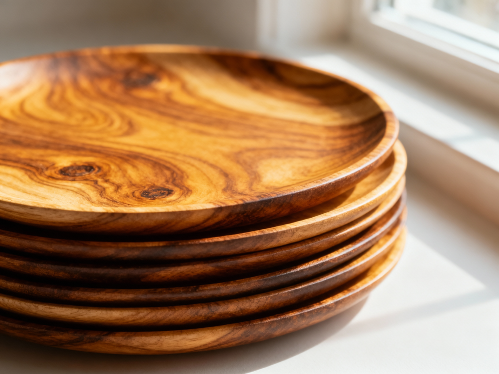 16 Pcs Acacia Wood Dinnerware Set - Round Plates, Bowls and Cups - 2