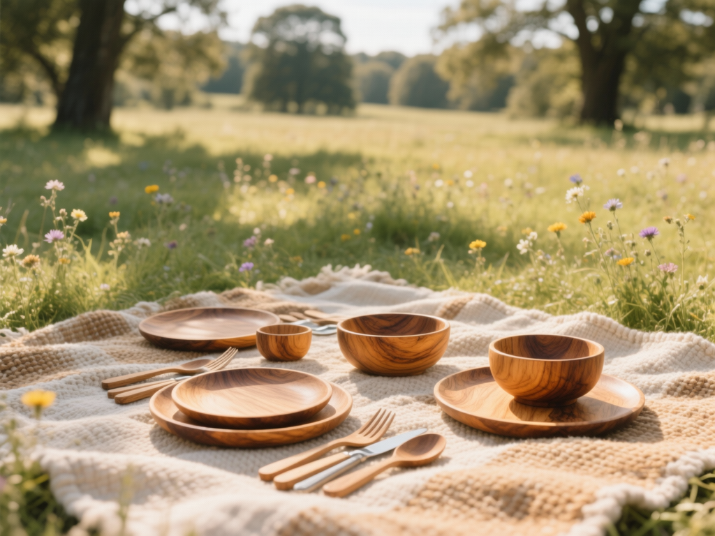 16 Pcs Acacia Wood Dinnerware Set - Round Plates, Bowls and Cups - 3