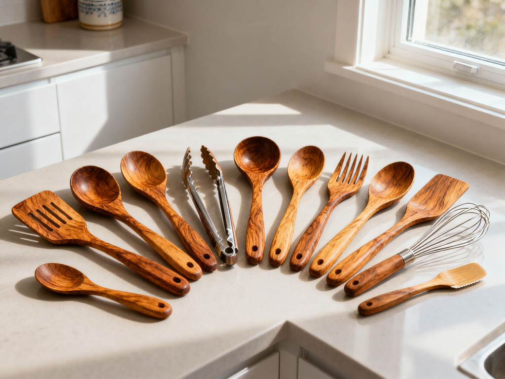 10 Pc Teak Wood Utensil Set - Nonstick Safe & Heat Resistant