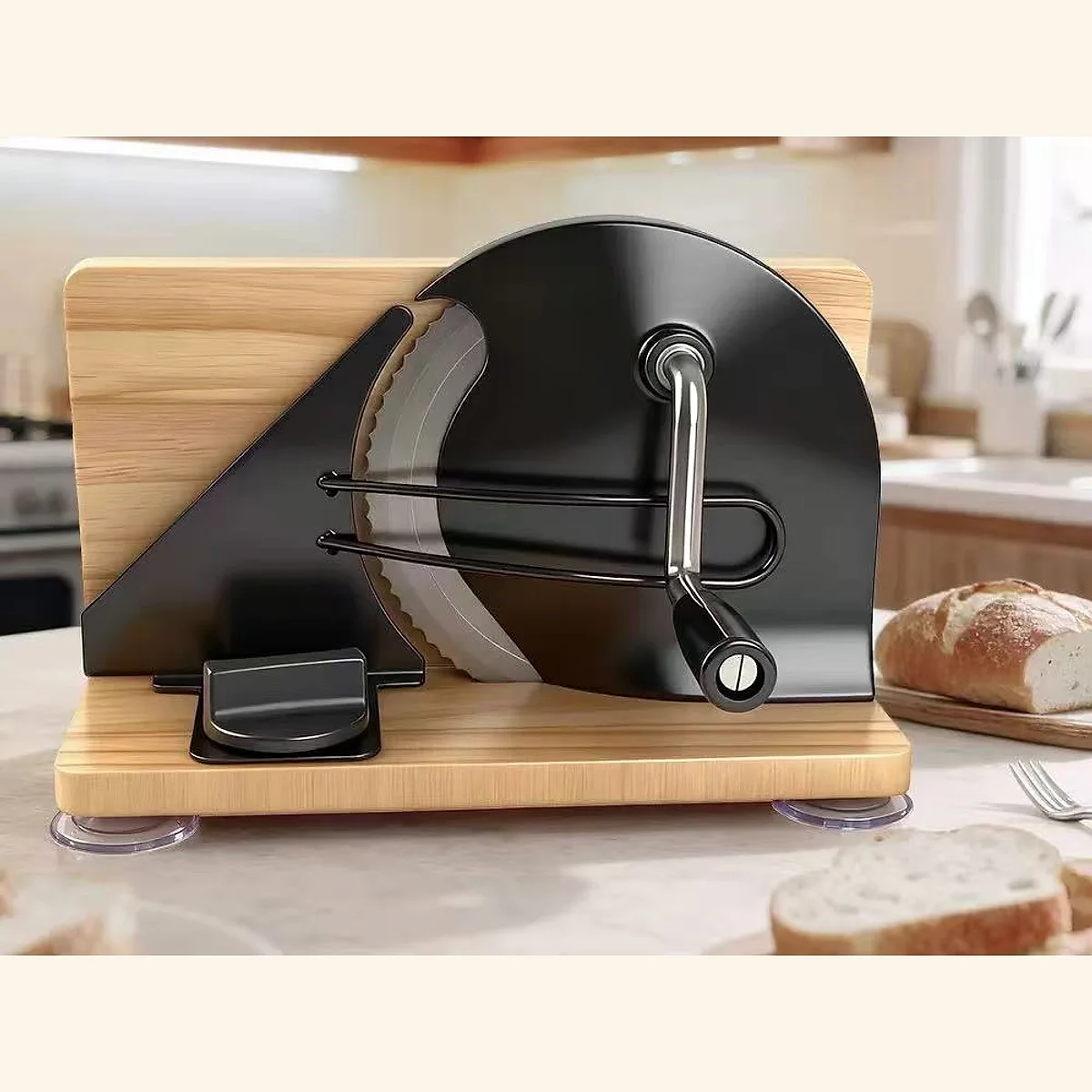 Manual Wooden Bread Slicer with Hand Crank Blade - 2