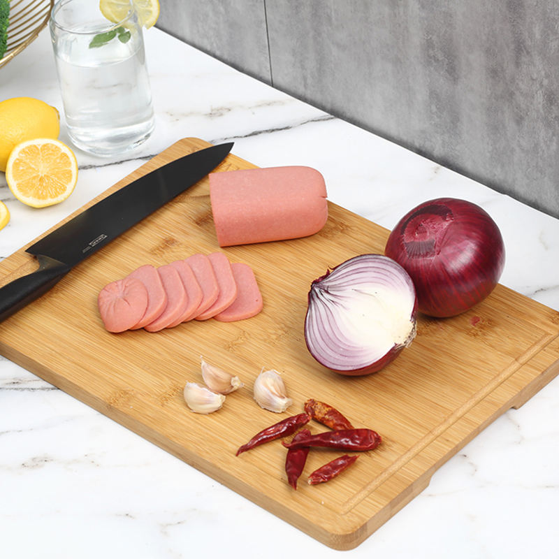 organic bamboo rectangular cutting board set with side handles and juice grooves 2