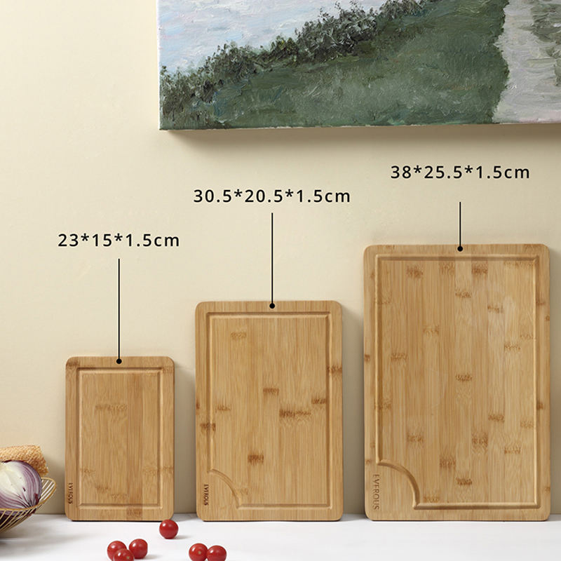 organic bamboo rectangular cutting board set with side handles and juice grooves 3
