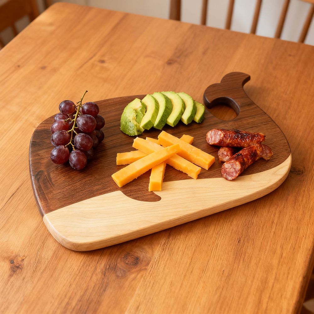 whale shape black walnut and maple wood serving board for steak sushi pizza fruit and cheese 2