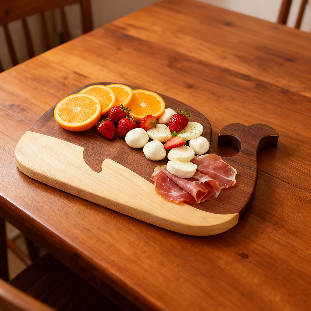 whale shape black walnut and maple wood serving board for steak sushi pizza fruit and cheese 3
