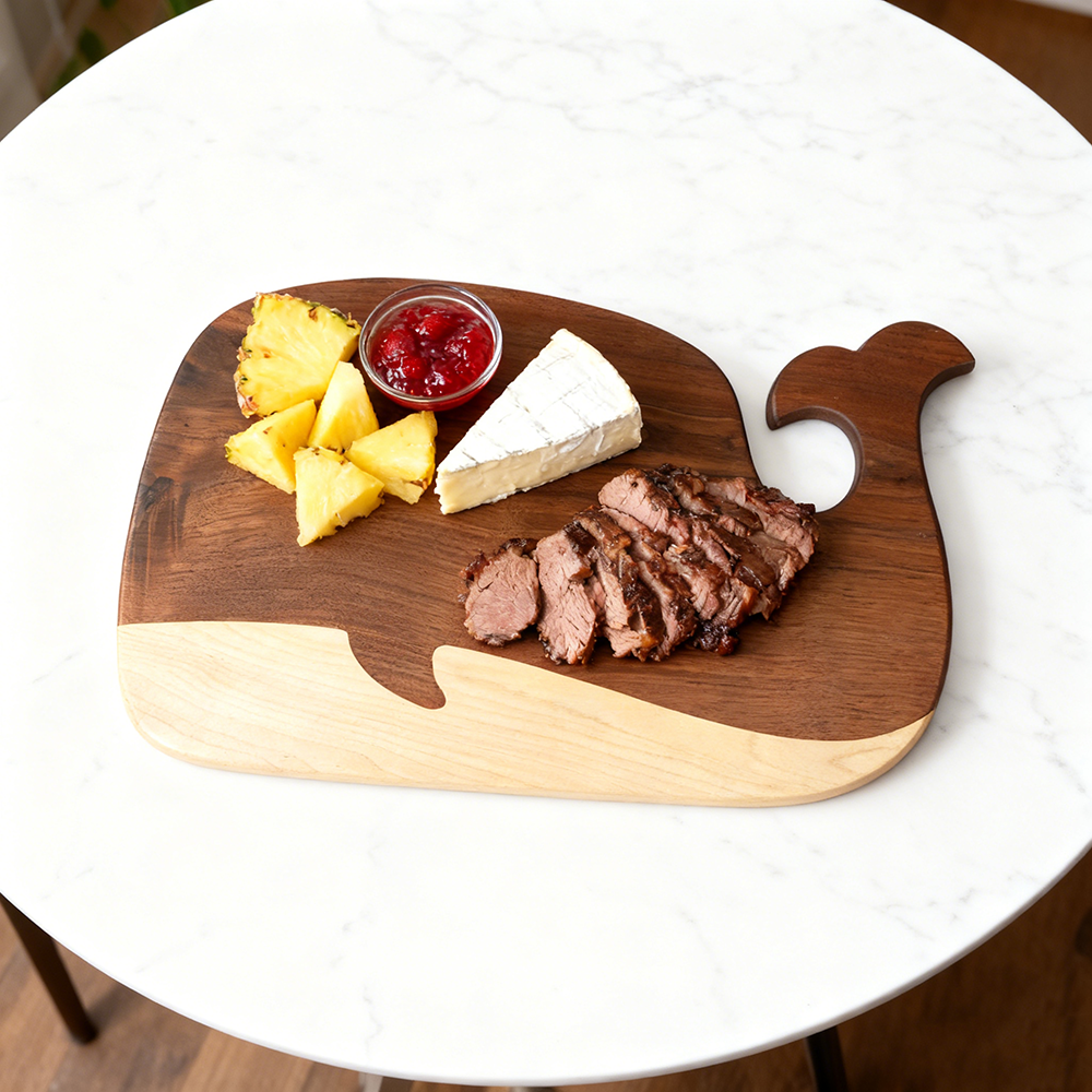 whale shape black walnut and maple wood serving board for steak sushi pizza fruit and cheese 4