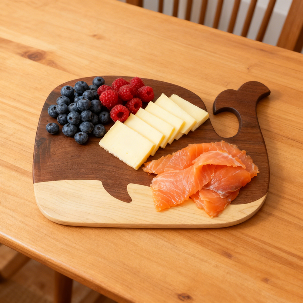 whale shape black walnut and maple wood serving board for steak sushi pizza fruit and cheese 5