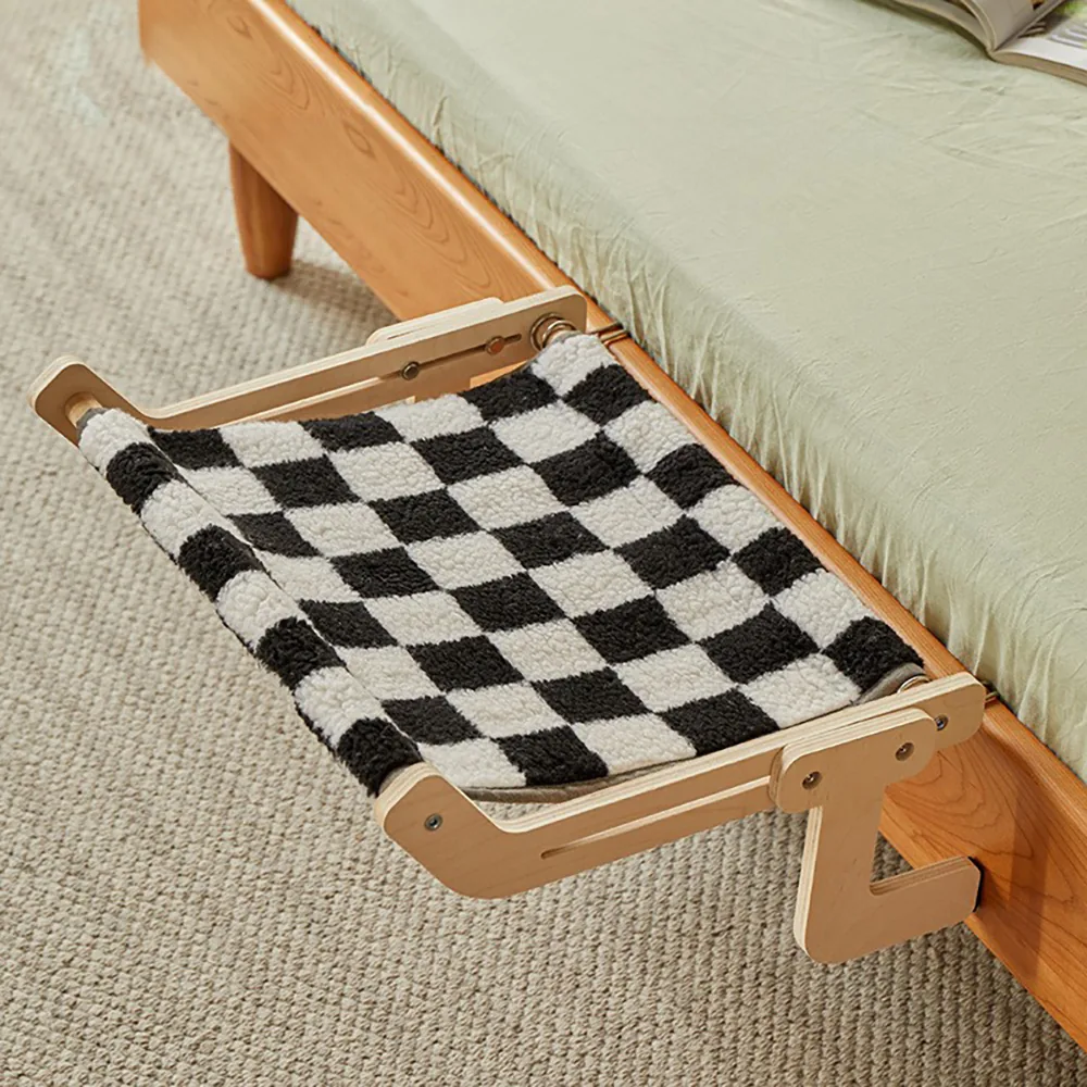 Bed-Mounted Pet Shelf with Checkered Fabric