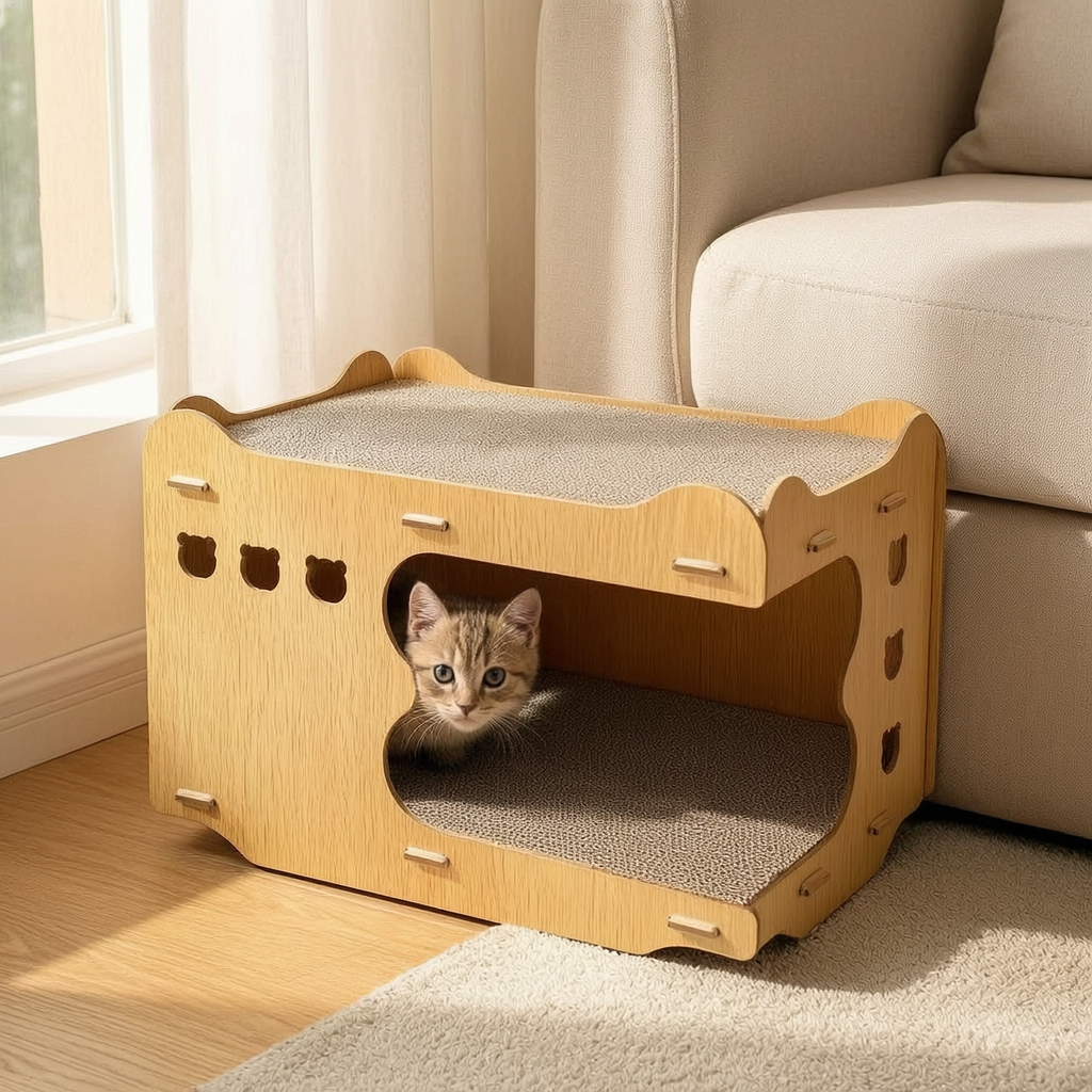 Two-Tier Wooden Cat Perch with Bear Cutouts - 4