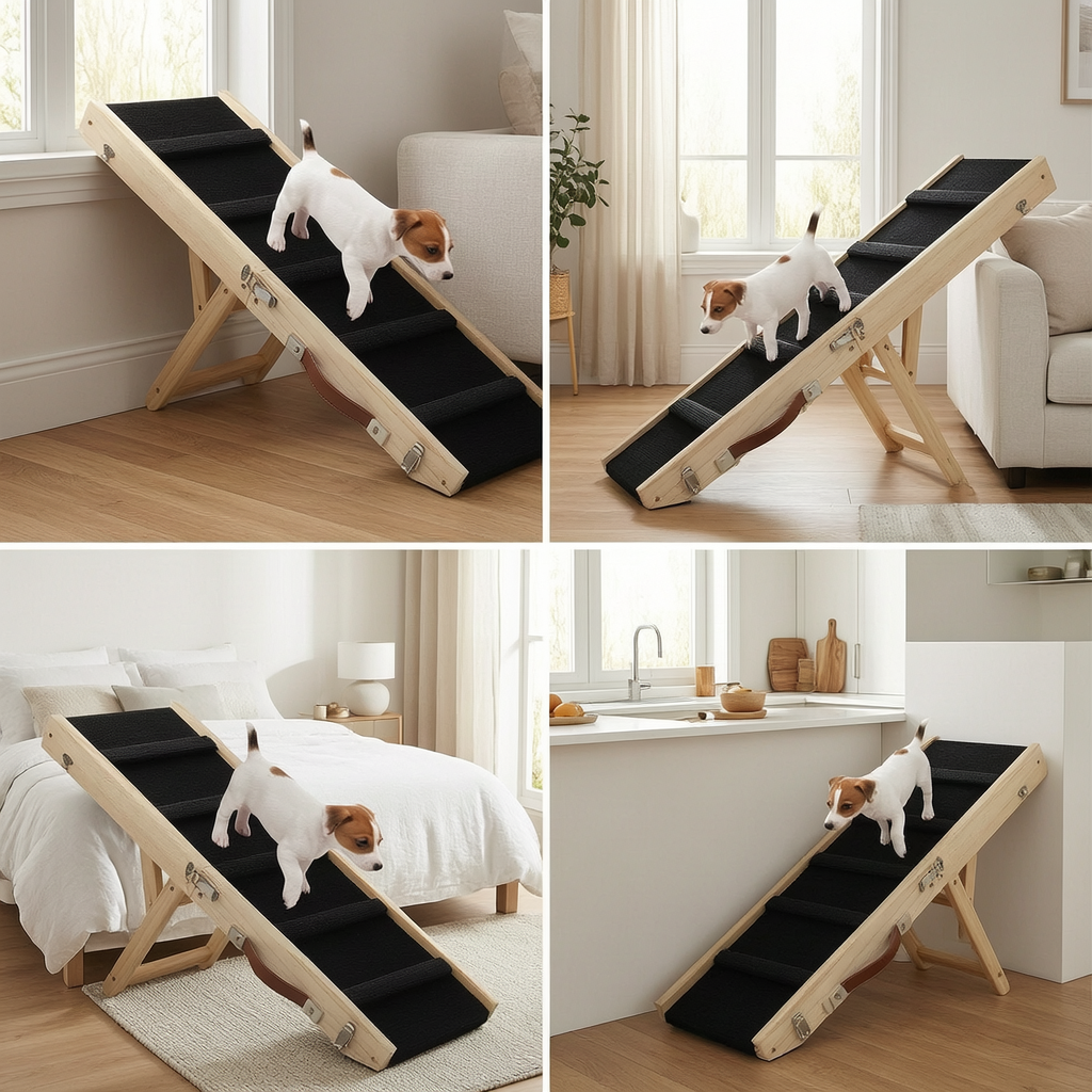 Wooden Pet Staircase with Carpeted Steps - 4