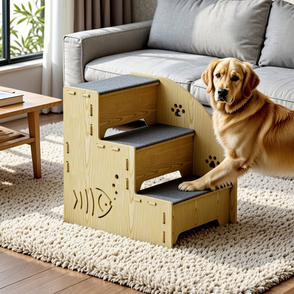 Three-Step Pet Staircase with Paw Prints - 2