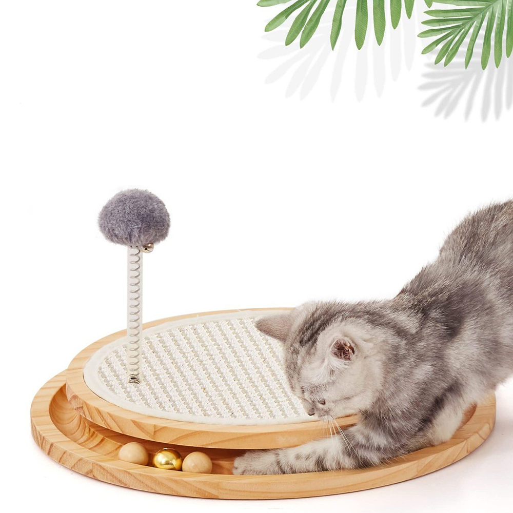 Wooden Cat Tree with Scratching Posts and Ball Storage - 2
