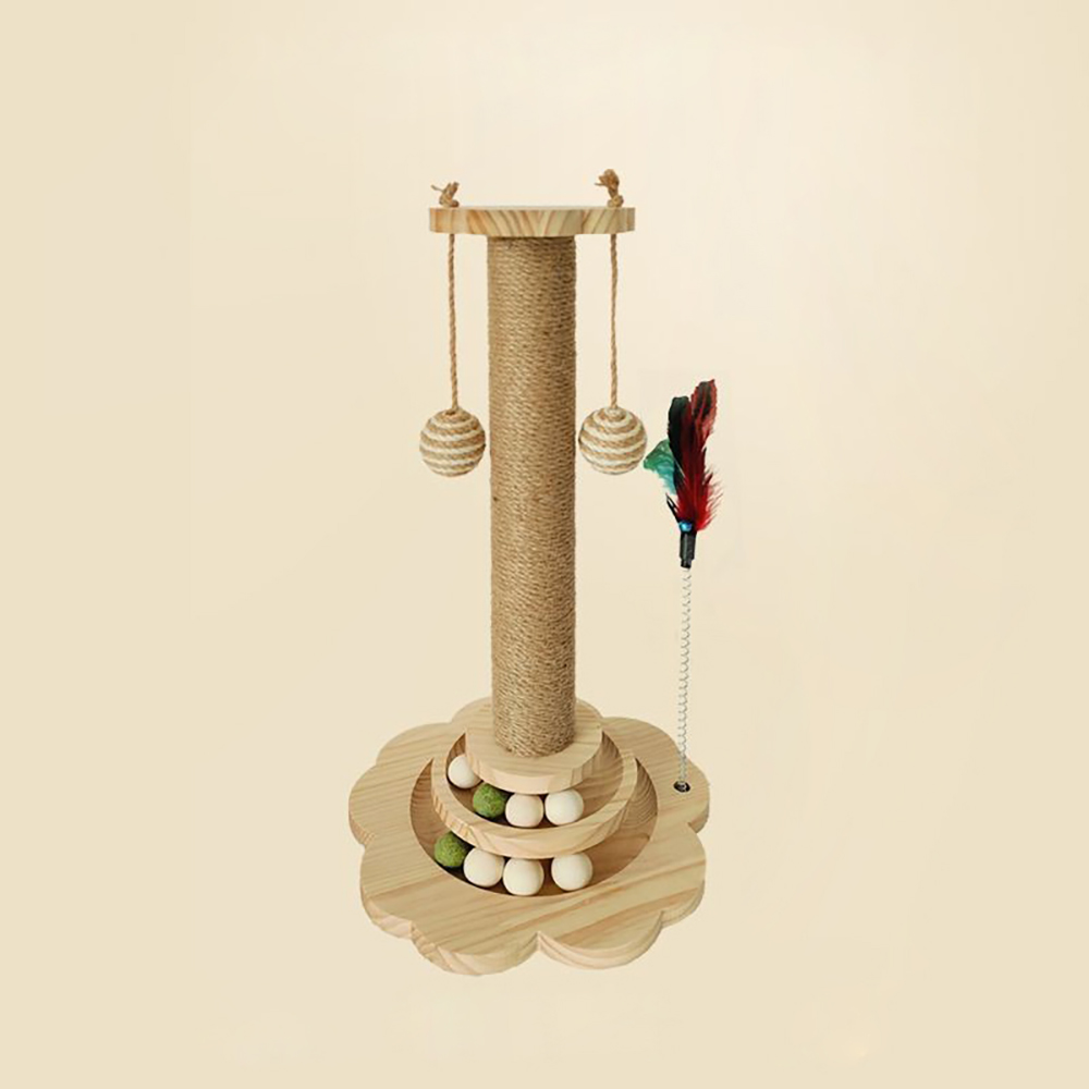 Wooden Cat Tree with Scratching Posts and Ball Storage - 3