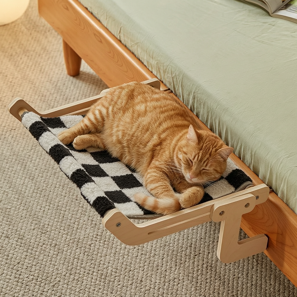 Bed-Mounted Pet Shelf with Checkered Fabric - 3