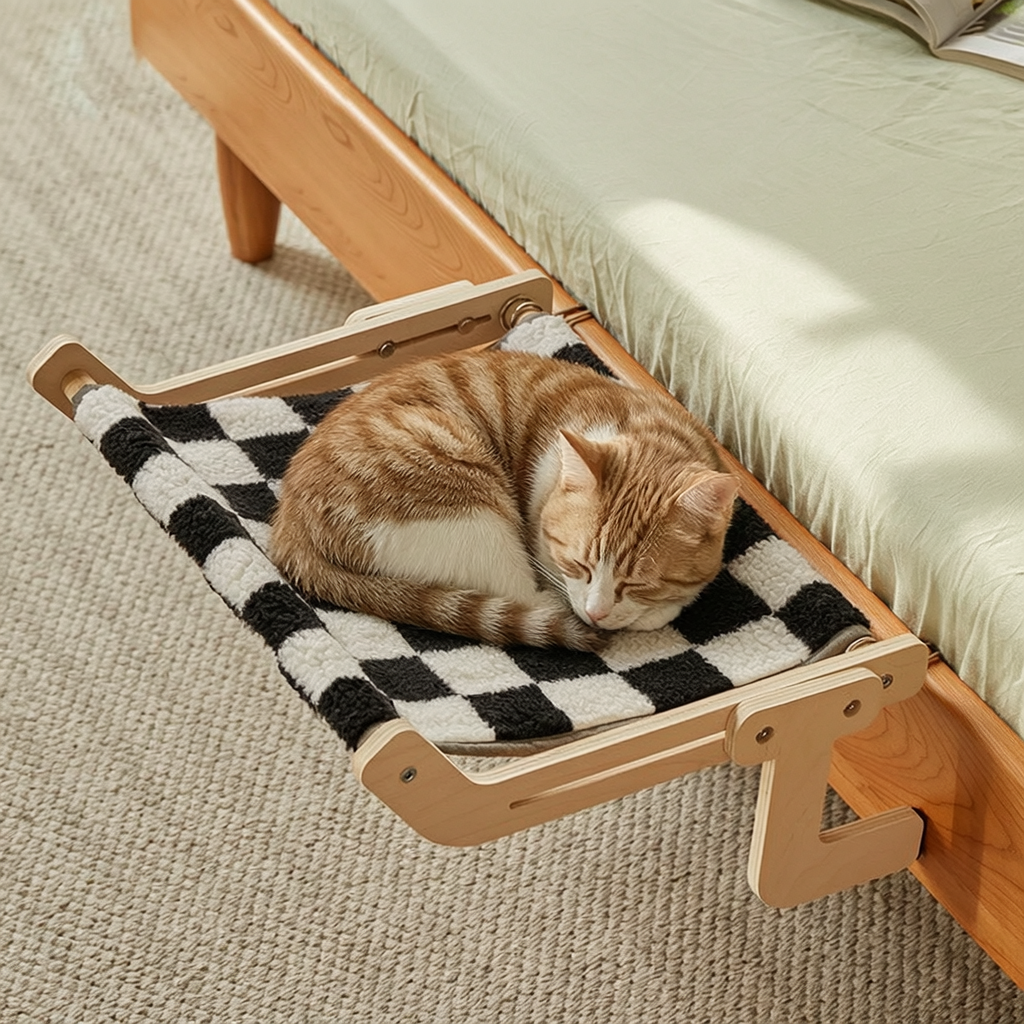 Bed-Mounted Pet Shelf with Checkered Fabric - 4
