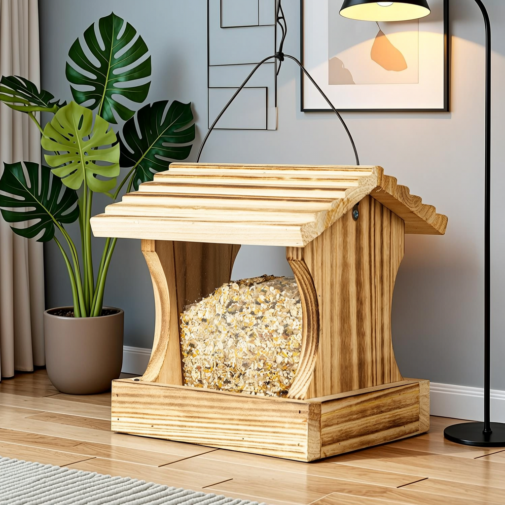 Wooden Bird Feeder with Slanted Roof - 3