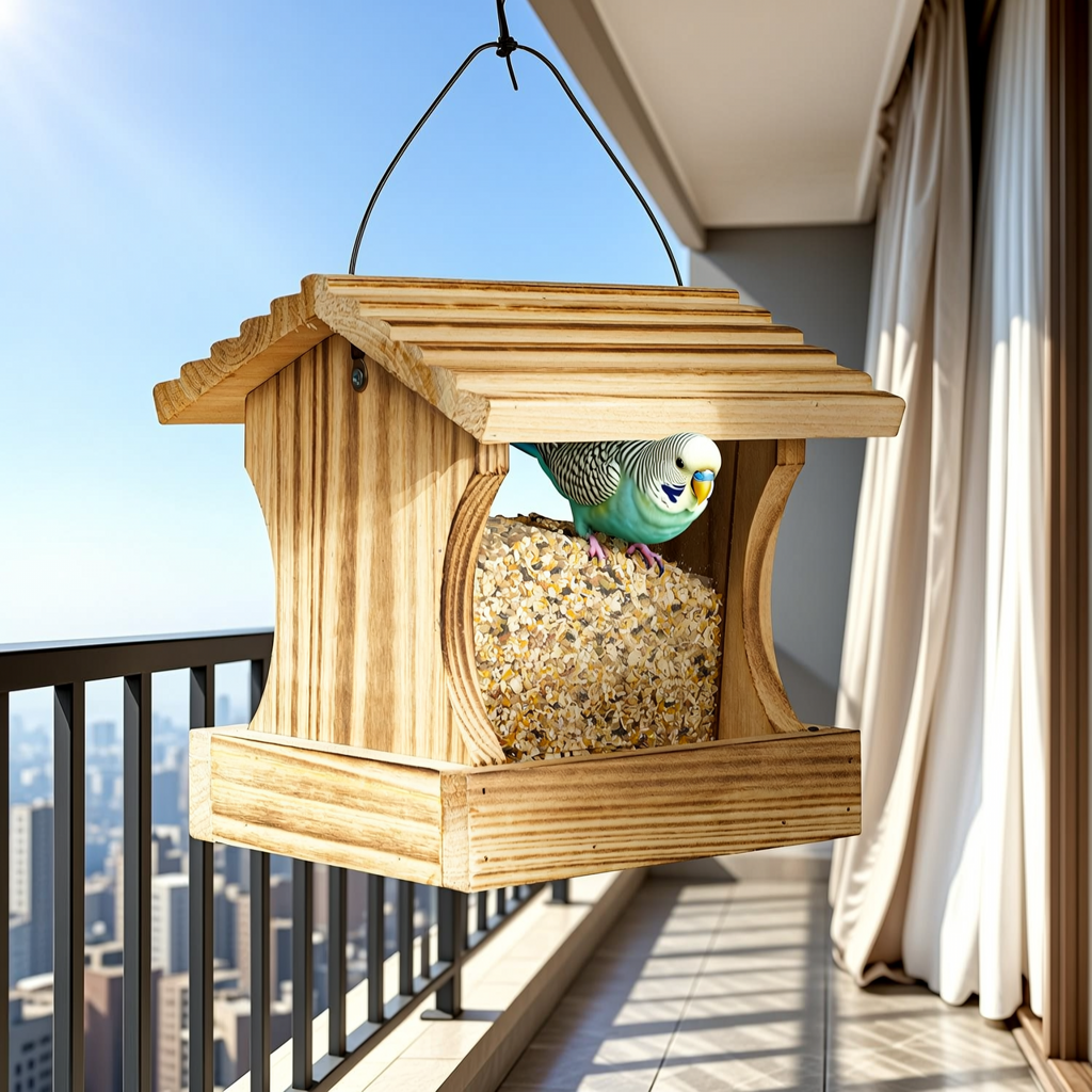 Wooden Bird Feeder with Slanted Roof - 4